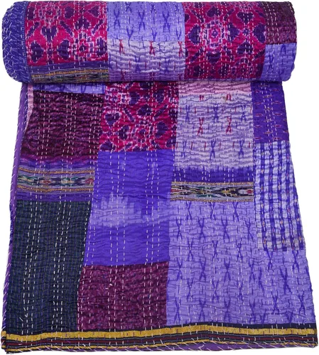 Vista 7 de Marubhumi Colcha india hecha a mano de seda india Sari Kantha acolchado patchwork (beige, individual (60 x 90 pulgadas)