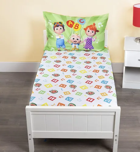 Vista 6 de CoComelon Juego de sábanas, se adapta a cama infantil o colchón de cuna, sábana bajera y funda de almohada, color blanco + verde