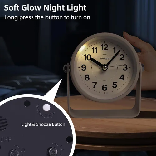 Vista 5 de Reloj de alarma analógico TIMESS, silencioso, de cuarzo sin tictac, funciona con pilas, con función de repetición y luz bajo demanda, fácil