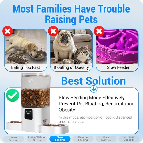 Vista 4 de Comedero automático para gatos 2 gatos con alimentación lenta: comedero automático doble para perros de 7 litros con WiFi 5G, dispensador de comida