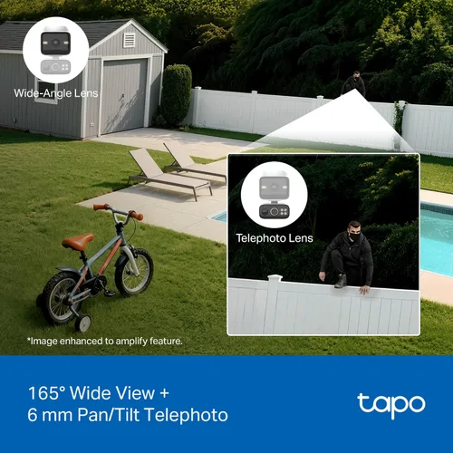 Vista 4 de Tapo Cámara de seguridad de doble lente 2K panorámica/inclinación inalámbrica con panel solar, gran angular de 165° + telefoto de 0.236 in