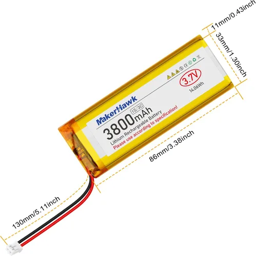 Vista 2 de MakerHawk Batería LiPo de 3.7 V 3800 mAh recargable 1S 3C 113386 Batería de polímero de litio con placa de protección de batería dual, enchufe micro