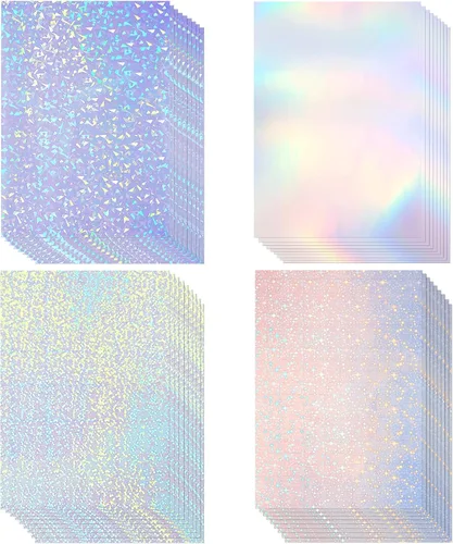 Vista 8 de Clabby 36 hojas de papel holográfico para pegatinas A4, láminas laminadas holográficas de vinilo, autoadhesivas, impermeables, transparentes, 11.7 x