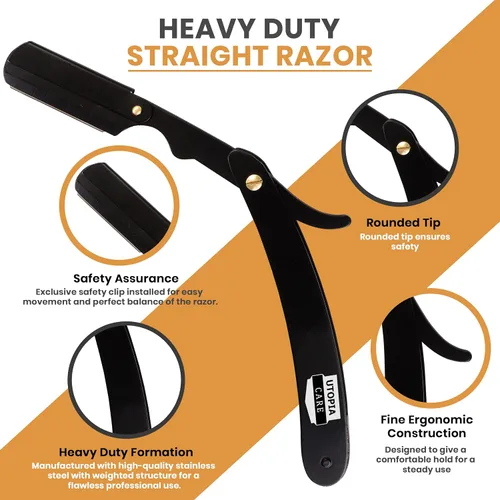 Vista 3 de Utopia Care - Rasuradora de seguridad profesional, para peluquero, de borde recto, con 100 cuchillas Derby, 100% acero inoxidable, (negro)