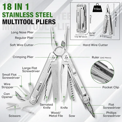 Vista 2 de SHALL Multiherramienta, alicates multiherramienta 18 en 1, cuchillo de bolsillo multiherramienta de acero inoxidable con broca de destornillador