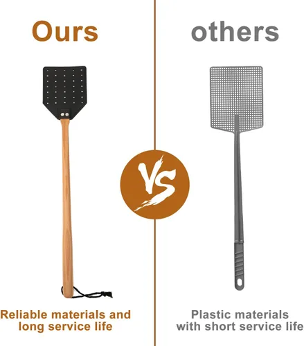 Vista 4 de Matamoscas de cuero, matamoscas manual resistente con mango de madera largo y cuerda para colgar, matamoscas duradero, matamoscas de avispas