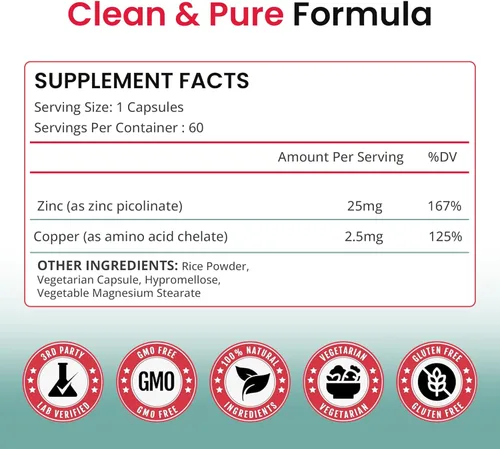 Vista 7 de Karuna Picolinato de Zinc Plus 60 cápsulas vegetarianas 25 mg más 2.5 mg de cobre para uso equilibrado a largo plazo Apoyando la función