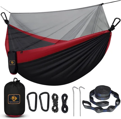 Vista 19 de Hamaca de camping con red, hamaca doble portátil ligera con correas para árbol y mosquetones sólidos en forma de D, hamaca de nailon de paracaídas