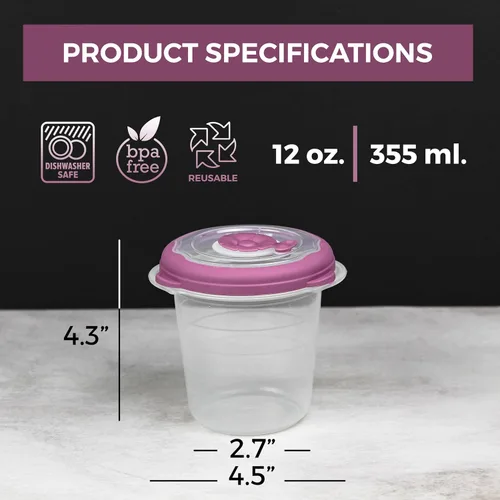 Vista 4 de Recipientes de plástico para sopa de 12 oz con tapas reutilizables, aptos para congelador, herméticos, recipientes de almacenamiento de alimentos