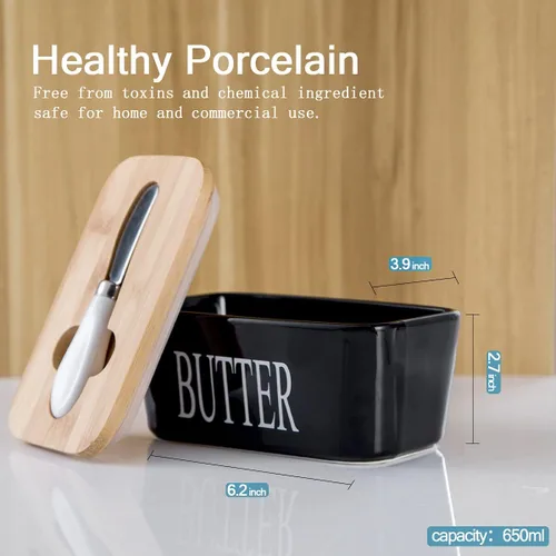Vista 2 de Hasense Mantequillera de porcelana con tapa de bambú – Mantequera cubierta con cuchillo de mantequilla para encimera, recipiente hermético