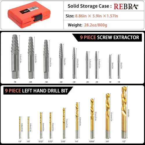 Vista 2 de Juego de extractor de tornillos, broca de mano izquierda de acero Cr-Mo 37# y acero HSS 6542 cobalto, herramienta de extracción reversa de pernos