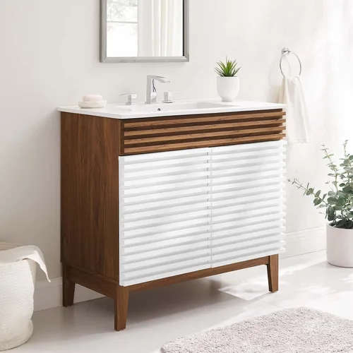 Vista 43 de Modway Render - Tocador de baño de 36 pulgadas en blanco nogal Nogal / fregadero blanco