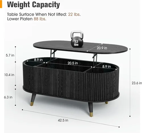 Vista 2 de Mesa auxiliar ovalada con almacenamiento, mesa de centro acanalada de 42.5 pulgadas con parte superior de elevación y patas de madera maciza, mesa