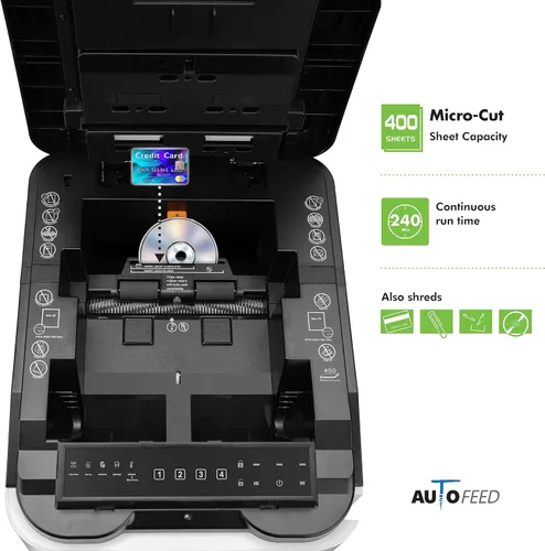 Vista 4 de Aurora Trituradora de papel microcortada de alta seguridad de alimentación automática de 400 hojas de grado comercial/240 minutos/nivel de seguridad