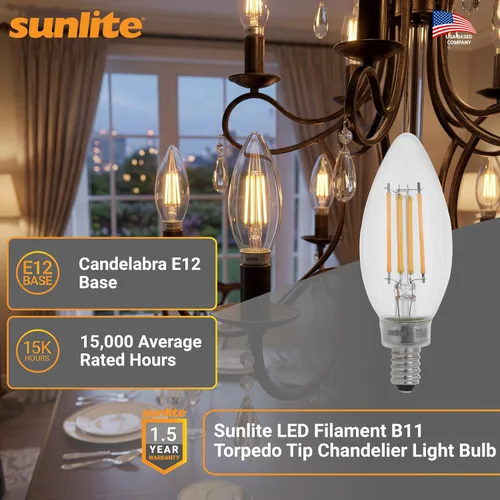 Vista 2 de Sunlite Bombilla LED de filamento B11 con punta de torpedo, 5 vatios (equivalente a 60 W), 600 lúmenes, 90CRI, base de candelabro E12, regulable