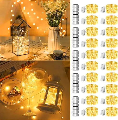 Vista 9 de MUMUXI Paquete de 24 luces de hadas con pilas, 20 luces LED impermeables de 7.2 pies, alambre plateado, luces estrelladas de luciérnaga para bodas