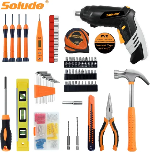 Vista 3 de SOLUDE - Kit de herramientas para el hogar de 130 piezas con destornillador recargable inalámbrico de 3,6 V, juego básico de herramientas