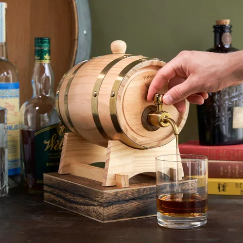 Vista 5 de Foster & Rye Barril de madera para whisky, infusión de whisky, barril de bourbon Moonshine jarra con espita, dispensador de licor, barril