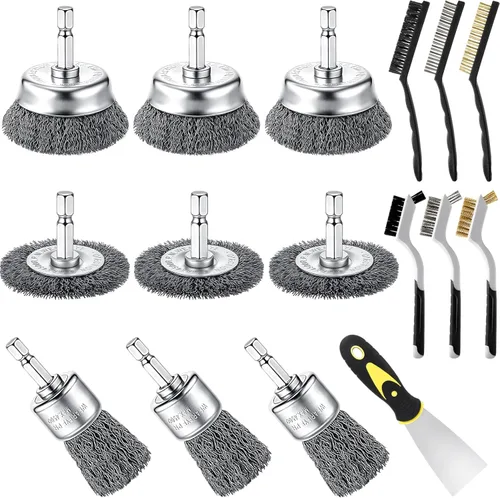 Bokon Juego de 16 cepillos de alambre de carbono para brocas, cepillo de alambre para brocas, cerdas de nailon, latón, acero inoxidable,