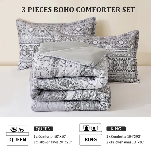 Vista 7 de Goodidea Juego de edredón bohemio de 3 piezas, tamaño Queen, edredón gris bohemio a rayas, juego de ropa de cama de microfibra suave y ligera con 2