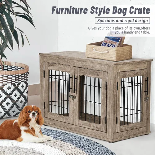 Vista 9 de Upolana Muebles de jaula para perros, jaulas medianas de 32 pulgadas con alfombrilla de cama, muebles de madera para perreras, mesa auxiliar