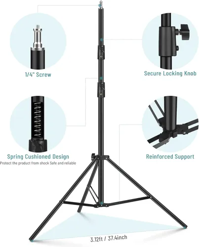 Vista 4 de Paquete de 2 soportes de luz y trípode de aluminio resistente, 9.2 pies/110 pulgadas, funda de transporte, HTC Vive, luces de anillo LED, compatible