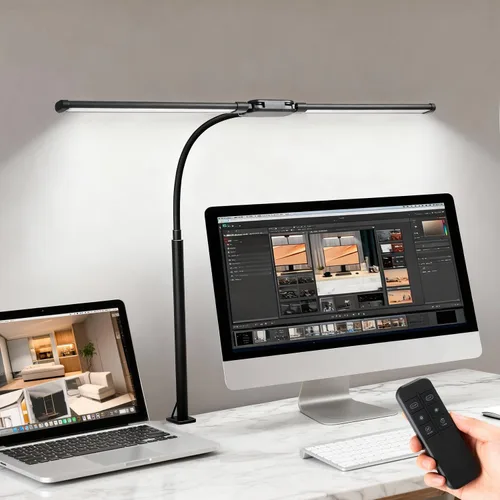 Vista 8 de Lámpara de escritorio LED con abrazadera, luz de arquitecto ajustable de doble cabeza, lámpara de escritorio para monitor de cuidado de los ojos