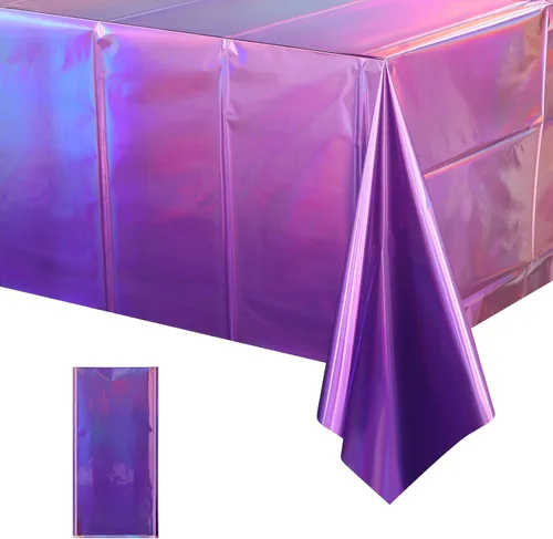 Vista 34 de 3 paquetes de mantel de plástico a cuadros negro y iridiscente, cubiertas de mesa rectangulares brillantes desechables con láser, mantel holográfico