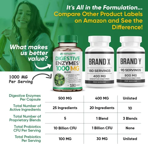 Vista 7 de Digestive Enzymes 1000MG Plus Suplemento de prebióticos y probióticos, 180 cápsulas, fórmula vegana orgánica a base de plantas para una mejor