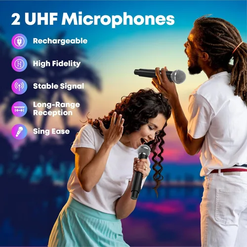 Vista 3 de Máquina de karaoke con 2 micrófonos UHF, subwoofer, barra de sonido de audio para cine en casa, compatible con óptico/Bluetooth/AUX/USB/PC, máquina