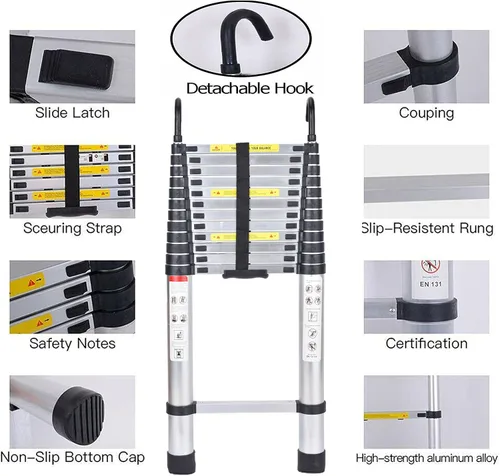 Vista 2 de Escalera telescópica de aluminio de 16.4 pies, escalera telescópica de extensión de 16.4 ft con botón de gancho desmontable, retracción, resistente