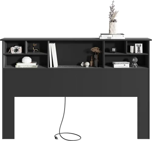 Vista 3 de Cabecero Queen/Full Solo para Dormitorio, Elegante Cabecero con Estantería con Estación de Carga y 2 Luces LED, Cabeceros de Madera Procesada