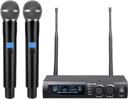 Vista 7 de innopow Sistema de micrófono inalámbrico, juego de micrófono inalámbrico de metal UHF dual, larga distancia de 150 a 200 pies, 16 horas continuas