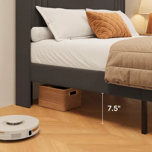 Vista 90 de Gizoon Base de cama matrimonial con cabecera de ala, plataforma tapizada con cabecera geométrica moderna, listones de madera, sin ruido, no necesita