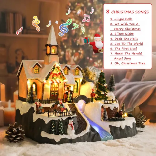 Vista 4 de DREAM GARDEN Casa de pueblo de Navidad, iglesia iluminada con tren en movimiento y árbol de Navidad, funciona con pilas, edificios musicales