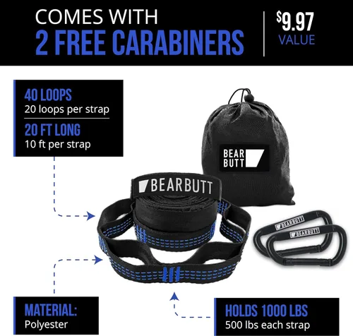 Vista 3 de Bear Butt Kodiak - Correas de hamaca para árboles, 20 pies de largo, 40 bucles combinados, soporta 1000 libras, accesorios de campamento