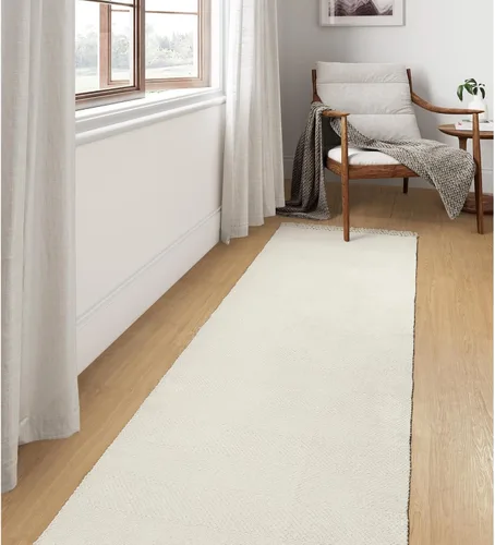 Vista 25 de Collive - Tapete de pasillo de cocina, 2 x 4.3 pies, tejido a mano, reversible, lavable, de algodón, color blanco/beige, para baño, pasillo