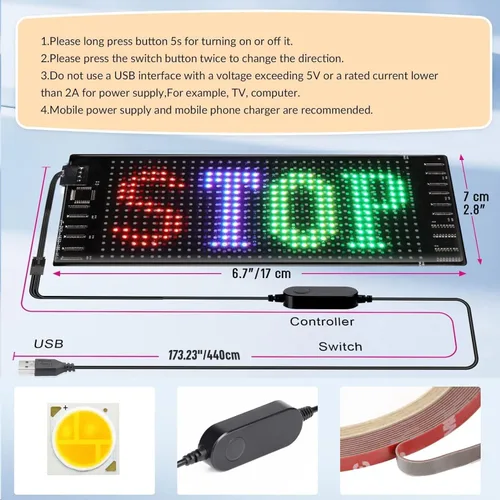 Vista 6 de Rayhome Mini letrero LED para automóvil, 6.7 x 2.76 pulgadas, panel de matriz LED flexible, USB 5 V, control de aplicación Bluetooth, letrero LED