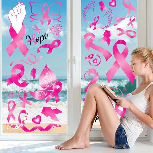 Vista 6 de Whaline 9 hojas de calcomanías para ventana de concientización sobre el cáncer de mama, cinta rosa, calcomanías decorativas de PVC para ventana
