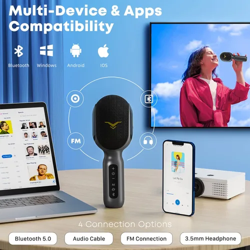 Vista 3 de Micrófono inalámbrico Bluetooth para karaoke, micrófono portátil 5 en 1 con altavoz y luces RGB dinámicas, mini máquina de karaoke para viajes