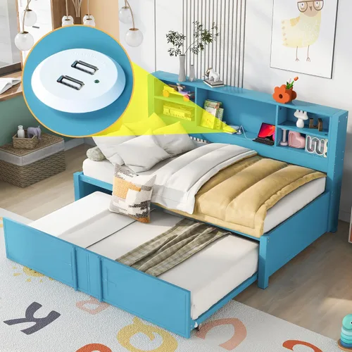 Vista 135 de Quarte Elegante cama de plataforma con estanterías en forma de L, cama de plataforma de madera tamaño individual con 2 cajones de almacenamiento
