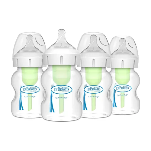 Vista 2 de Dr. Brown's Natural Flow Anti-Colic Options+ Biberones de cuello ancho 5 oz/5.1 fl oz y esponja reutilizable cepillo de limpieza para biberones