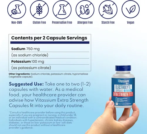 Vista 6 de Vitassium Cápsulas de Electrolitos de Fuerza Extra, 750mg de Sodio para el Manejo de POTS y Dietas Altas en Sodio, Sin Sabor, 100 Píldoras de Sal