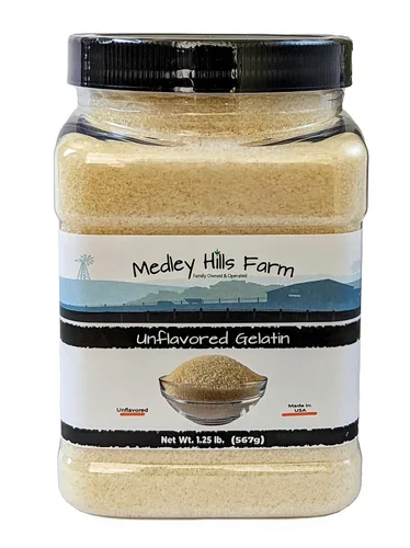 Gelatina sin sabor de Medley Hills Farm 1.25 lbs. en contenedor reutilizable - Agente espesante en polvo de gelatina sin sabor. Fabricado en EE. UU.