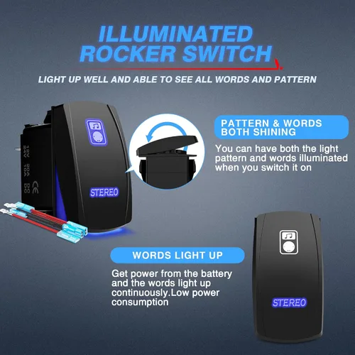 Vista 3 de MICTUNING LS083601JL - Kit de interruptor basculante estéreo láser, luz LED de encendido/apagado, 20A 12V, azul