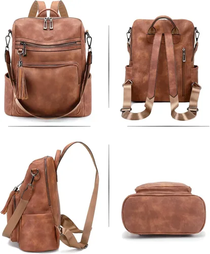 Vista 3 de OPAGE - Mochila de cuero para mujer, con borla de moda, bolso de hombro, mochila grande, bolsa de viaje, A-Marrón, L, Viajar