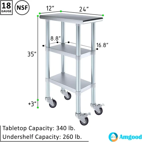 Vista 3 de Mesa de trabajo de acero inoxidable con 2 estantes con ruedas Mesa de utilidad de metal Mesa de utilidad NSF comercial y residencial
