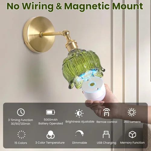 Vista 6 de Vintage Battery Operated Wall Sconces - 5000mAh Rechargeable Dimmable Wireless Lights with Remote Control - Set of 2 Green Flower Glass Powered