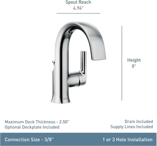 Vista 2 de Moen Colección Doux de Cromo Grifo monomando de arco alto con flujo laminar para baño, llave moderna para lavabo de baño, S6910