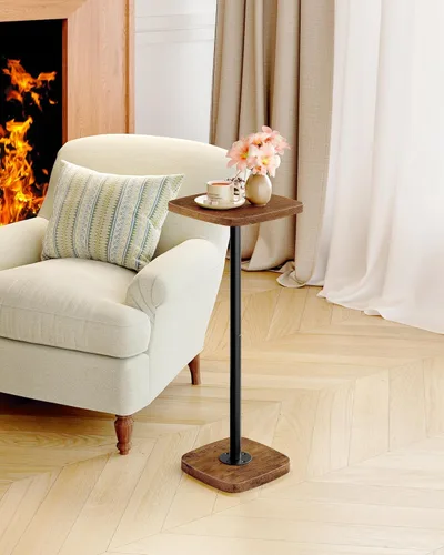 Vista 2 de Mesa pequeña para bebidas, mesa auxiliar cuadrada para espacios pequeños, mesa de Martini con pedestal, para sala de estar, dormitorio, marrón